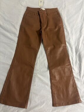 Noli High-Rise Faux Leather Flare Jeans in Brown